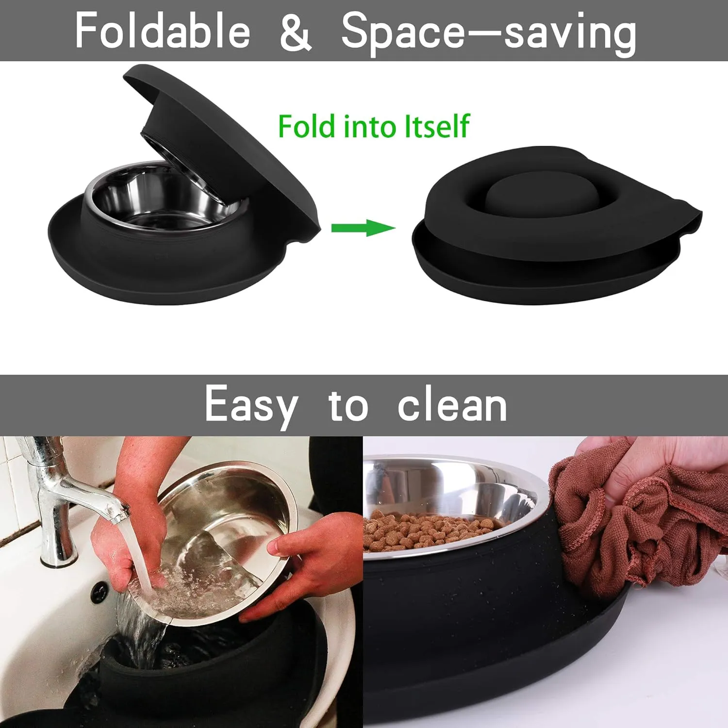 100% Waterproof BPA Free Pet Dog Bowls2 Stainless Steel53oz 27oz with 1.35 Raised Edge Silicone Mat   Slow Feed Dog Water and Food Bowls for Feeding Small Large Dogs Cats Puppies (Black)
