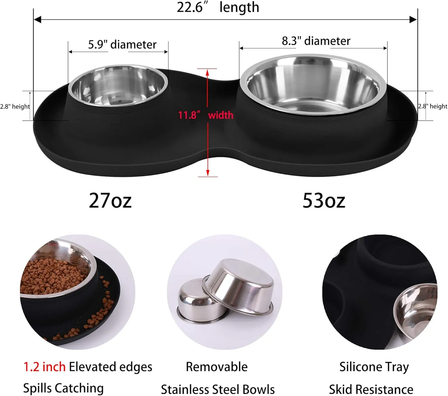 100% Waterproof BPA Free Pet Dog Bowls2 Stainless Steel53oz 27oz with 1.35 Raised Edge Silicone Mat   Slow Feed Dog Water and Food Bowls for Feeding Small Large Dogs Cats Puppies (Black)