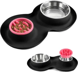 100% Waterproof BPA Free Pet Dog Bowls2 Stainless Steel53oz 27oz with 1.35 Raised Edge Silicone Mat   Slow Feed Dog Water and Food Bowls for Feeding Small Large Dogs Cats Puppies (Black)