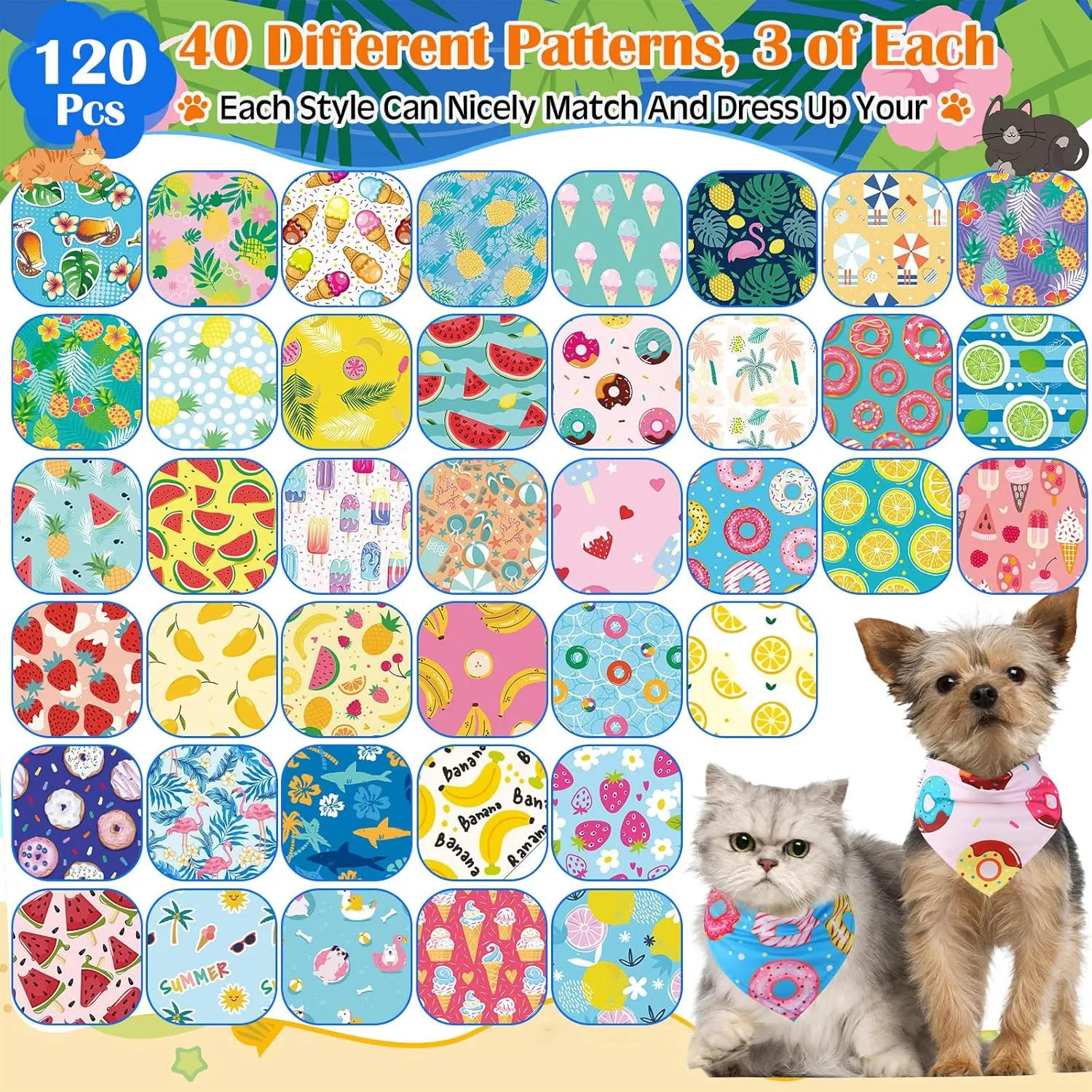 120 Packs Dog Bandanas Bulk Summer Pet Bandanas for Dogs Hawaiian Pet Scarf Bibs Adjustable Washable Kerchief for Large Medieum Small Pet Costume Accessories(Summer Style)