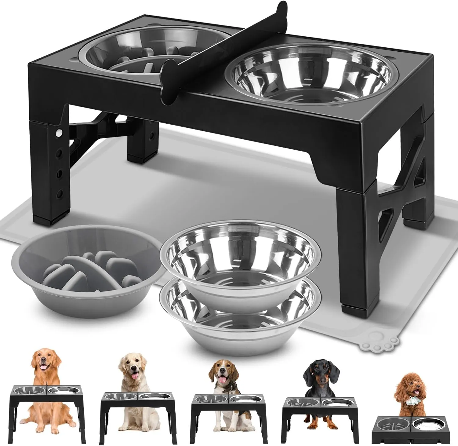 Adjustable Dog Feeder, 5 Height Settings, Partitioned & Non-Slip Mat, Stainless Steel & Slow Feeder for Medium Large Dogs