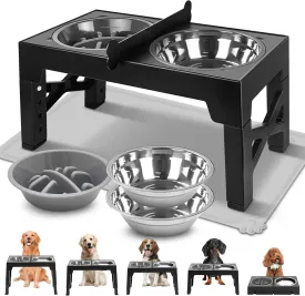 Adjustable Dog Feeder, 5 Height Settings, Partitioned & Non-Slip Mat, Stainless Steel & Slow Feeder for Medium Large Dogs