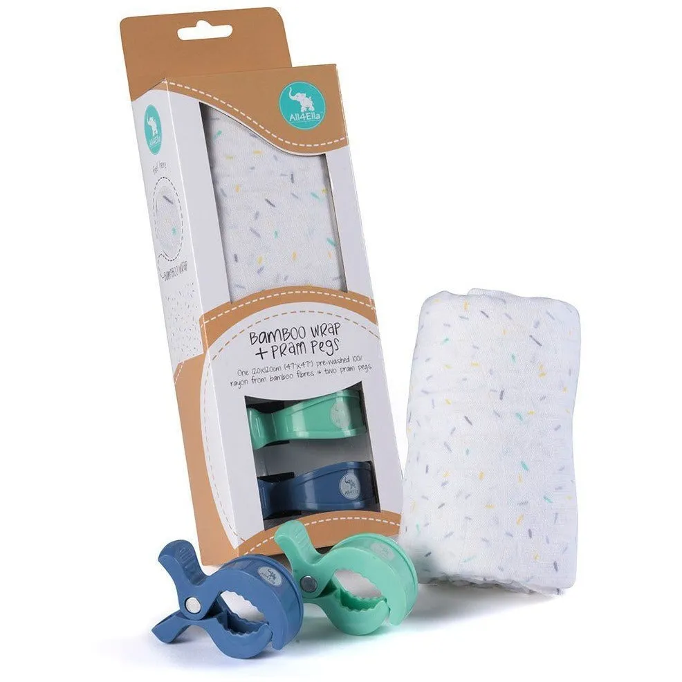 All4Ella Bamboo Baby Swaddle Wrap & Pram Peg Set - Sprinkle Blue