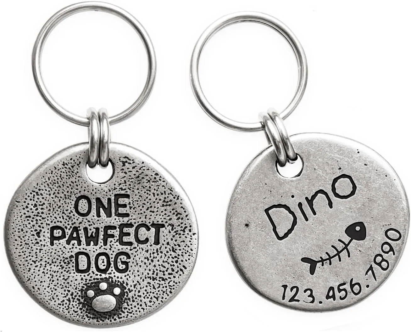 Artistic Handmade Hammered Collar Cat Dog ID Tags with Unique Handcrafted Design and Durable Stainless Steel, Personalized Deep Engraving with Your Own Text (Onepawfectdog)