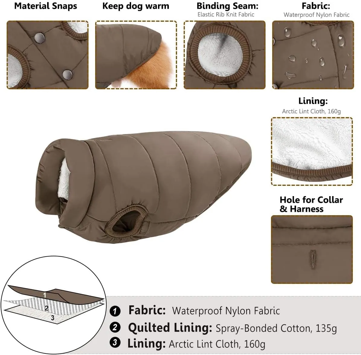 ASENKU Windproof Winter Jacket Waterproof Coat Warm Vest Cold Weather Pet Apparel With 2 Layers Fleece Lined for Small Medium Large Dogs (XS, Coffee)