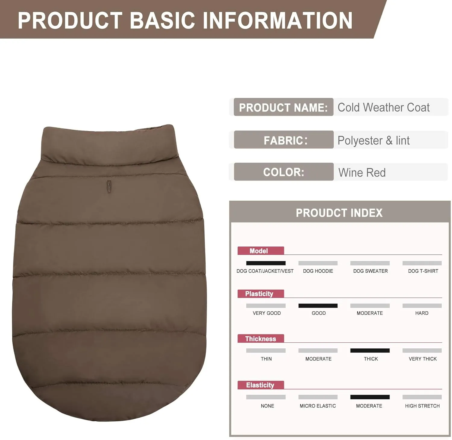 ASENKU Windproof Winter Jacket Waterproof Coat Warm Vest Cold Weather Pet Apparel With 2 Layers Fleece Lined for Small Medium Large Dogs (XS, Coffee)