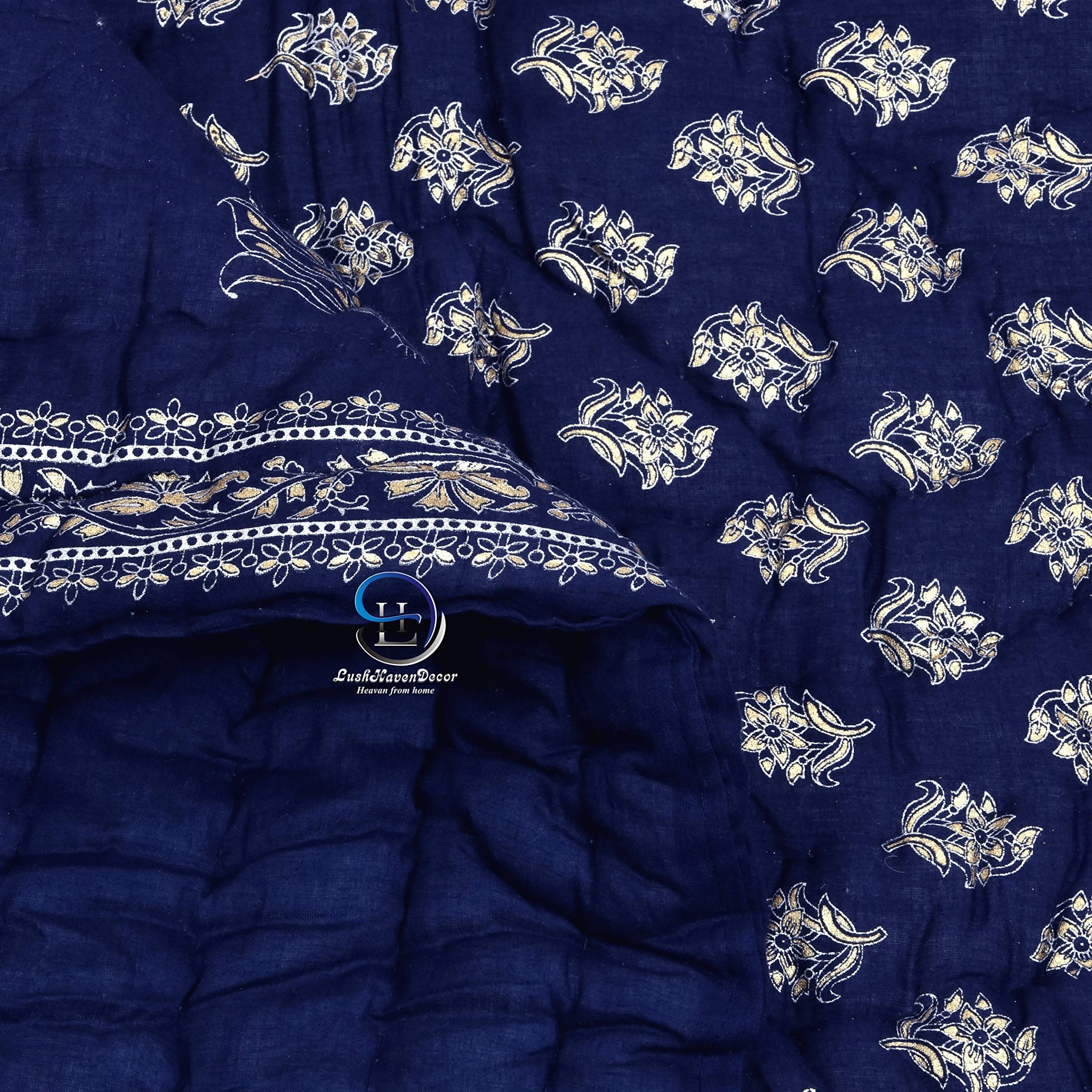 AUROSTYLE 400 TC Pure Organic Cotton Super Super Soft Jaipuri AC Quilt/Razai/Rajai Floral Print, Butti Design Printed Jaipuri Razai for Winter(Blue with Daie Gold Print, Double Bed)
