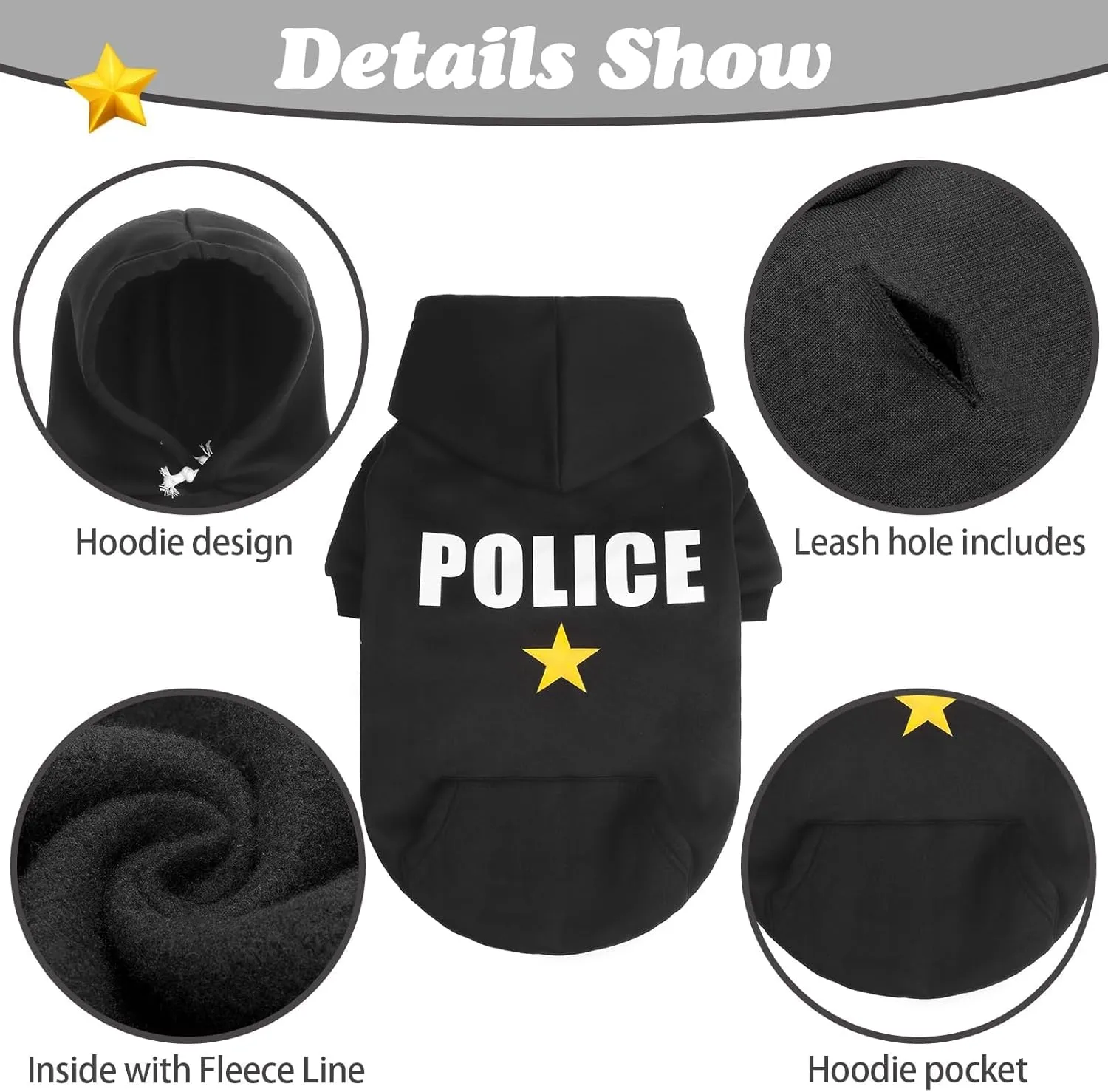 BINGPET Police Dog Hoodies Puppy Sweater Cold Weather Dog Coats Soft Brushed Fleece Pet Clothes Hooded Sweatshirt for Dog Cat