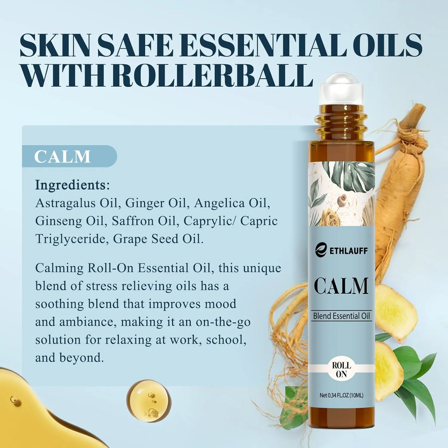 Calm Essential Oil Roll On, Aromatherapy Roll On Oil Blends for Stress Relief, Massage, Self Care Relaxation Gift