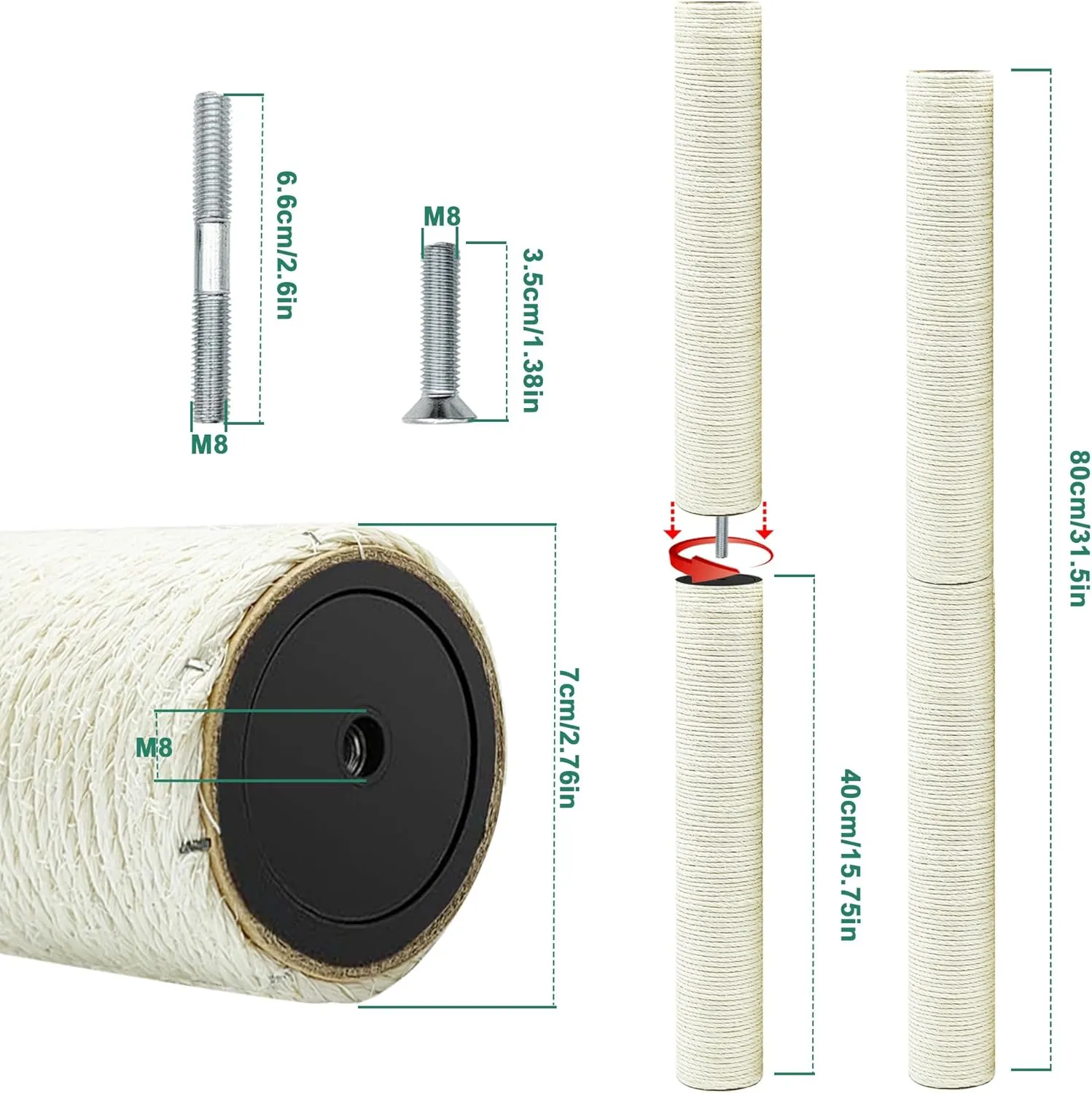 Cat Scratching Post Replacement Pole4 PCS 15.7 in Cat Tree Replacement PostNatural Sisal Cat Tree Replacement Parts with M8 Screws