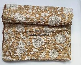 classic Handblock Multi Floral Print Handmade Cotton Kantha Quilting Throw Blanket Hippie Queen/King Size Bohemian Block Kantha Quilt With 2 Pillow Cover Beige Twin