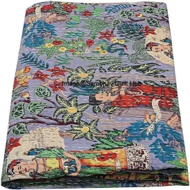 classic Hippie Floral Handblock Handmade Cotton Block Kantha Quilting Vintage Throw Blanket Hippie Queen/King Size Bohemian Bed Decor Quilt Gray Throw