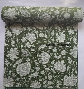 classic Hippie Floral Handblock Handmade Cotton Block Kantha Quilting Vintage Throw Blanket Hippie Queen/King Size Bohemian Bed Decor Quilt Green Twin