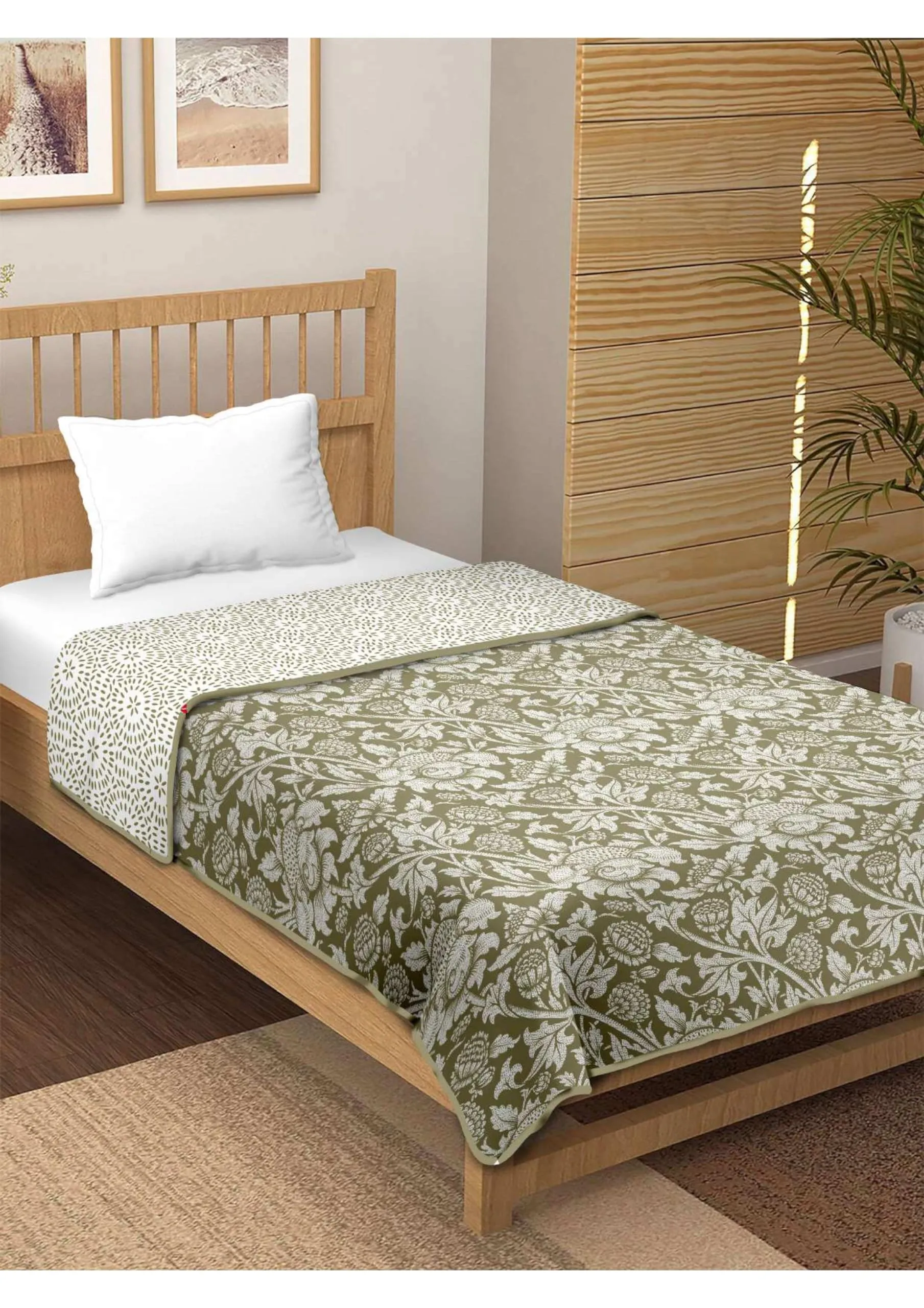 COMFORT PLANET 100% Cotton Reversible Dohar Single Bed Size | Jaipuri Printed Block Blanket | Soft Lightweight AC Summer Comforter Quilt (Light Green, Single - 85x55 Inch)