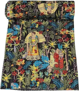 cozy Hippie Floral Handblock Handmade Cotton Block Kantha Quilting Vintage Throw Blanket Hippie Queen/King Size Bohemian Bed Decor Quilt Black Throw