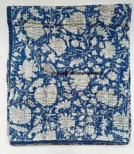 cozy Hippie Floral Handblock Handmade Cotton Block Kantha Quilting Vintage Throw Blanket Hippie Queen/King Size Bohemian Bed Decor Quilt Blue Throw