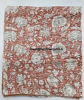 cozy Hippie Floral Handblock Handmade Cotton Block Kantha Quilting Vintage Throw Blanket Hippie Queen/King Size Bohemian Bed Decor Quilt Multicolor Queen