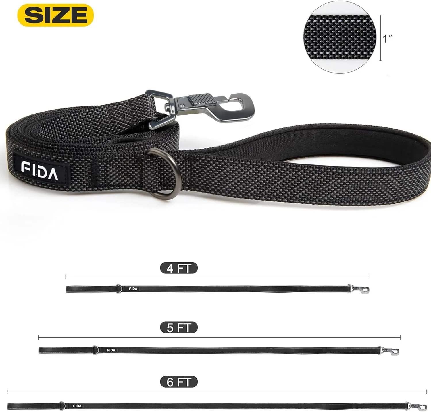 Fida 5 FT Heavy Duty Dog Leash with 2 Comfortable Padded Handles, Traffic Handle & Advanced Easy Snap Hook, Reflective Walking Lead for Large, Medium & Small Breed Dogs, Black