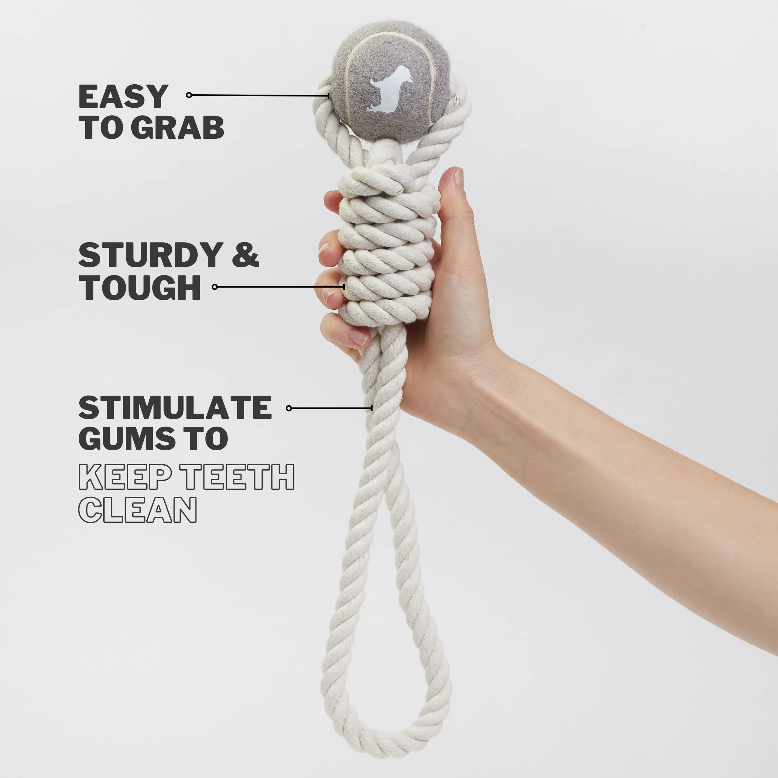 Grey Tennis Ball and Rope Dog Tug Toy