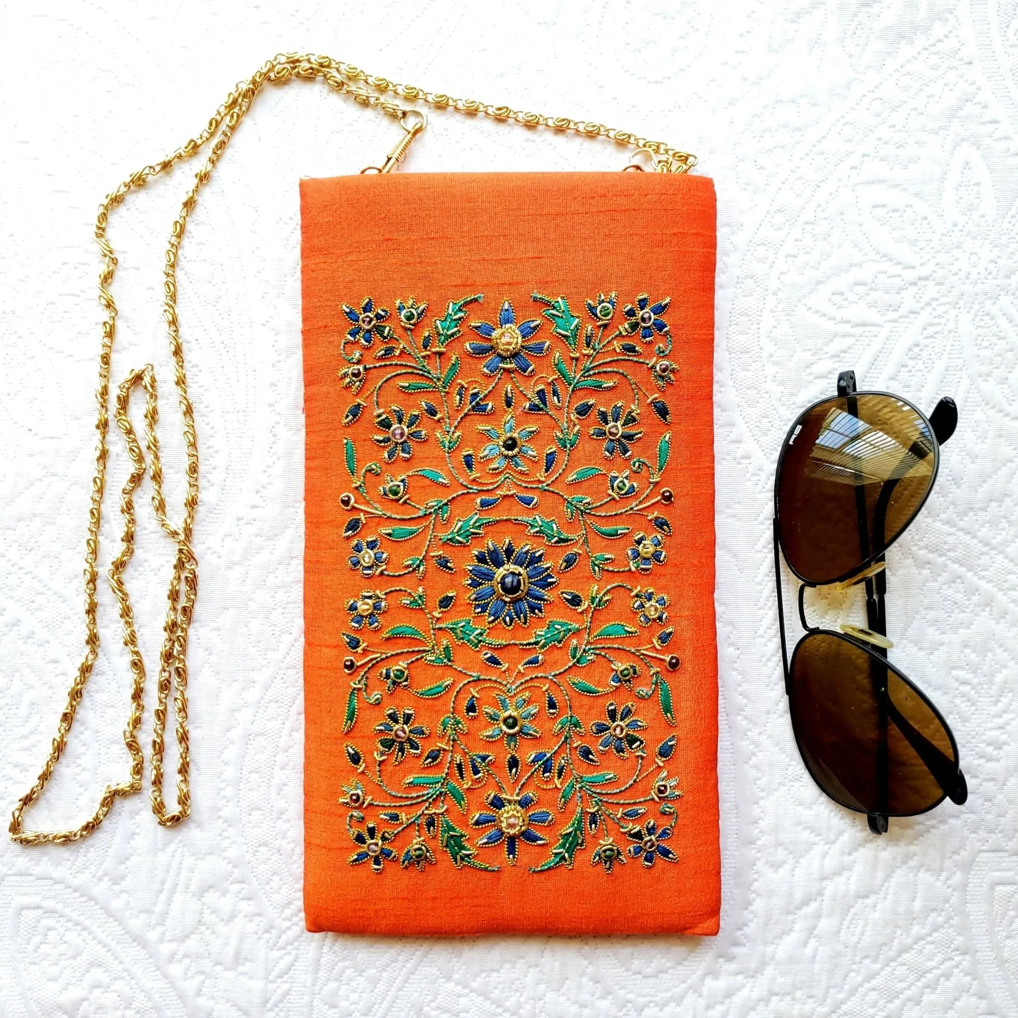 Hand Embroidered Orange Soft Eyeglasses Sunglasses Case