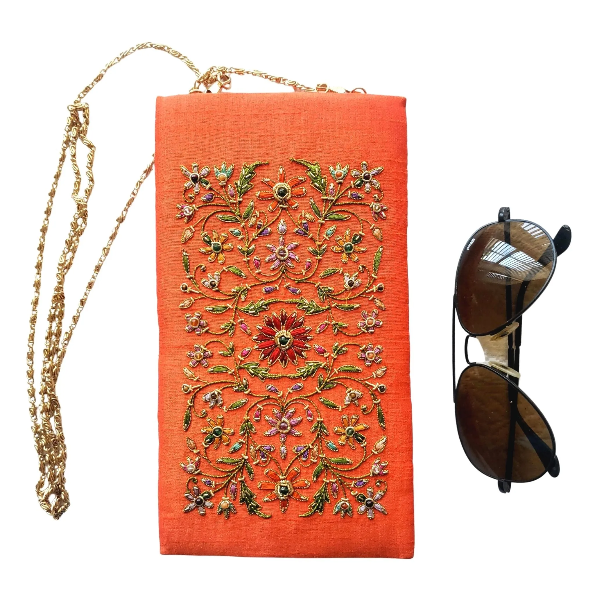 Hand Embroidered Orange Soft Eyeglasses Sunglasses Case