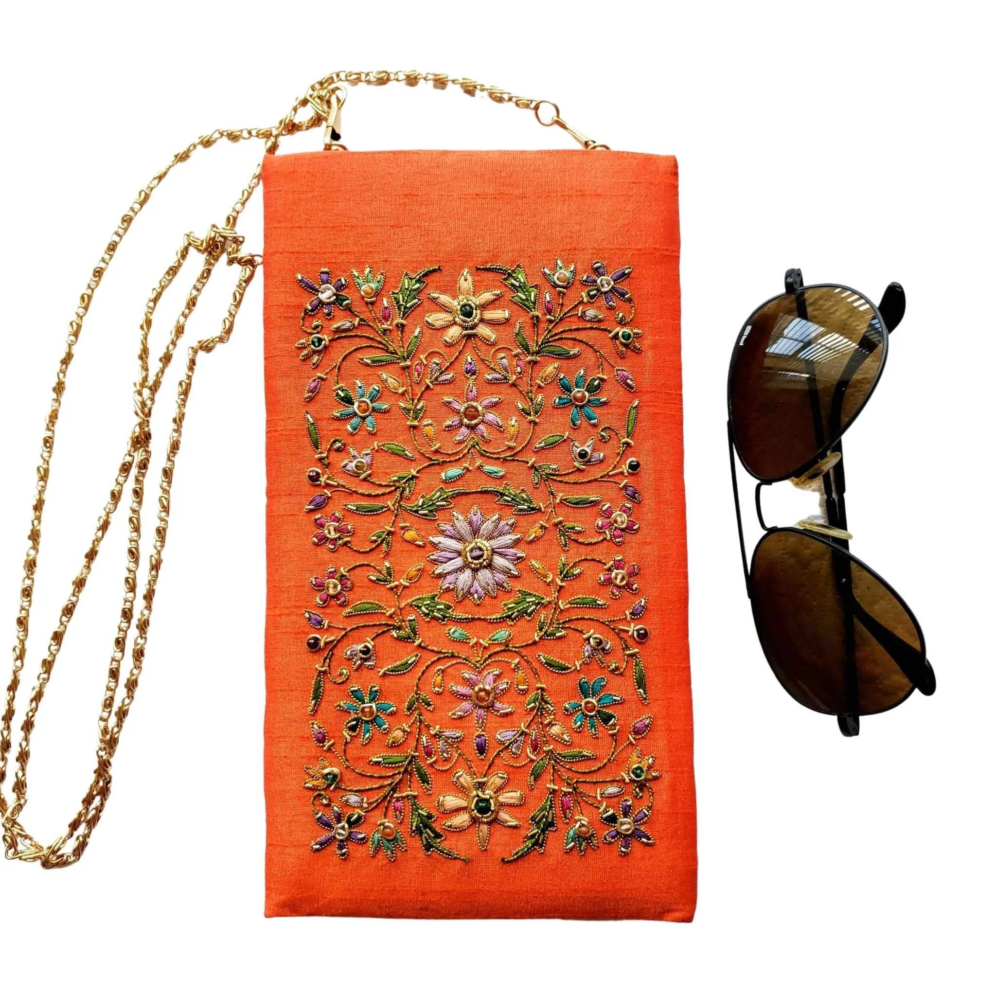 Hand Embroidered Orange Soft Eyeglasses Sunglasses Case