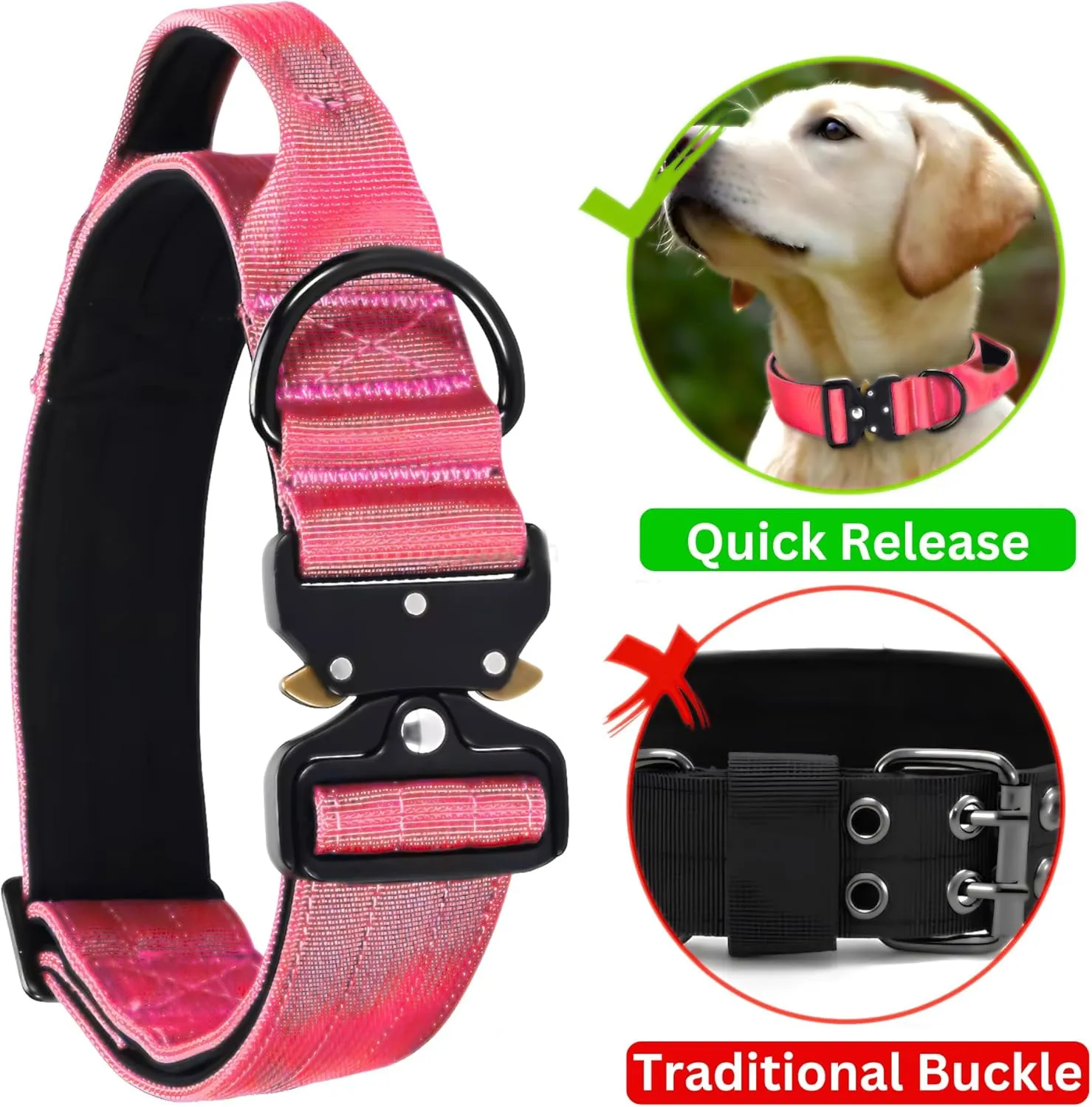 Heavy Duty Tactical Dog Collar  Adjustable Nylon w/Metal Buckle, Durable & Comfortable for Medium to Large Dogs (German Shepherd, Labrador, Rottweiler), Red Rose, Medium, for Training & Outdoor Use.