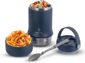Ideus 20 oz Insulated Soup Thermo with Foldable Spolk and Bowl, All-in-one Stainless Steel Vacuum Thermal Food Jar for Lunch, Leakproof Bento Lunchbox Portable Soup Container, Navy Blue