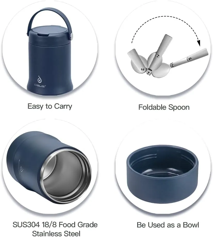 Ideus 20 oz Insulated Soup Thermo with Foldable Spolk and Bowl, All-in-one Stainless Steel Vacuum Thermal Food Jar for Lunch, Leakproof Bento Lunchbox Portable Soup Container, Navy Blue
