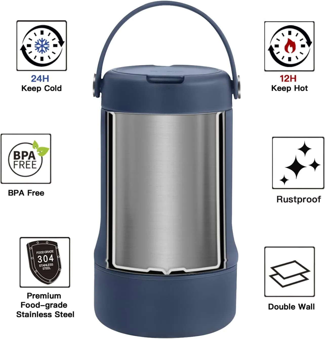 Ideus 20 oz Insulated Soup Thermo with Foldable Spolk and Bowl, All-in-one Stainless Steel Vacuum Thermal Food Jar for Lunch, Leakproof Bento Lunchbox Portable Soup Container, Navy Blue
