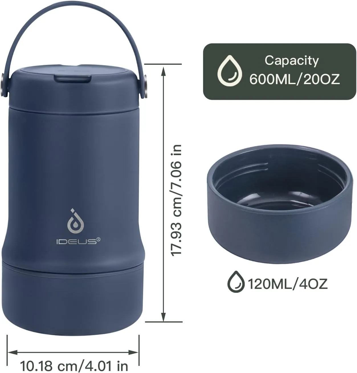 Ideus 20 oz Insulated Soup Thermo with Foldable Spolk and Bowl, All-in-one Stainless Steel Vacuum Thermal Food Jar for Lunch, Leakproof Bento Lunchbox Portable Soup Container, Navy Blue
