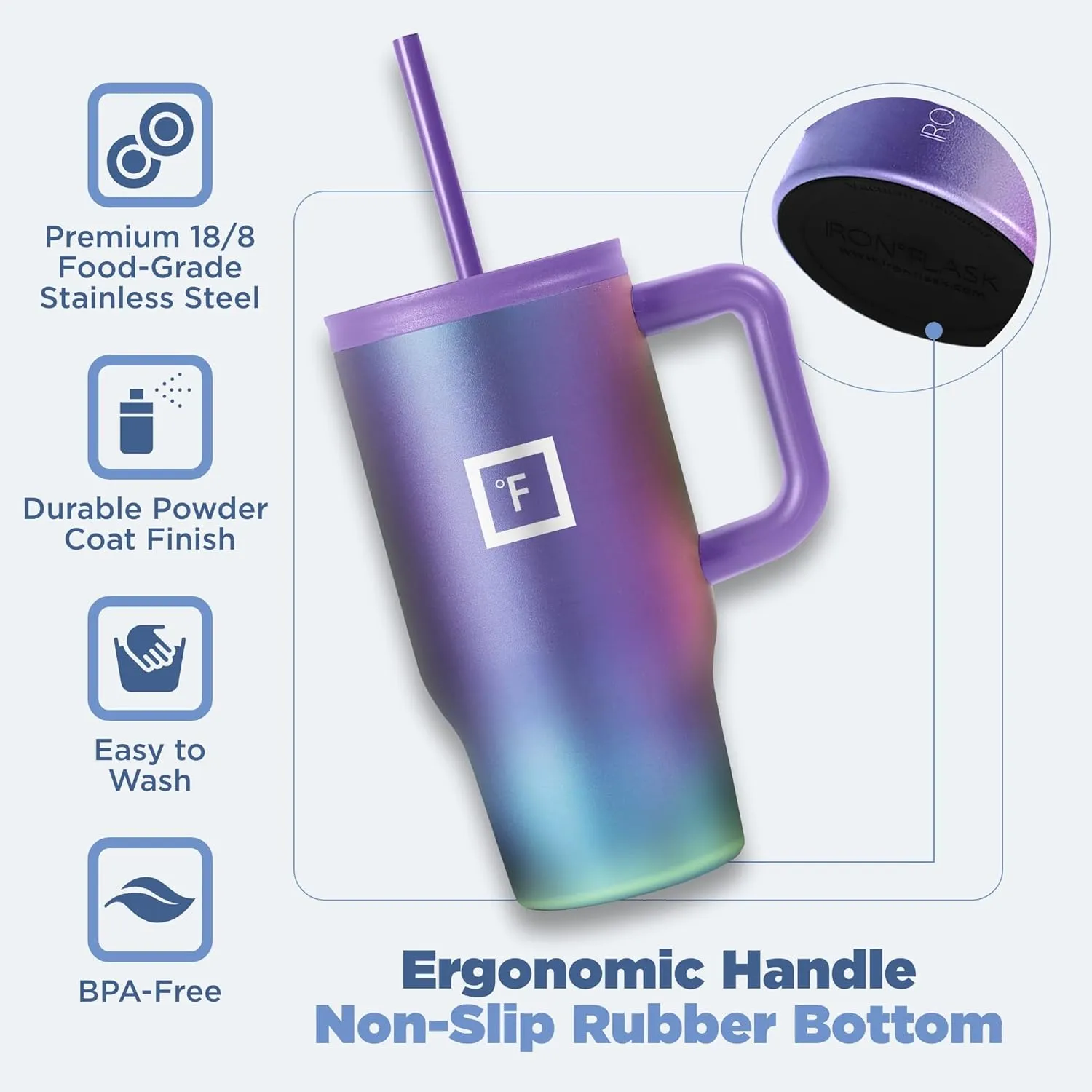 IRON FLASK Co-Pilot Insulated Mug w/Straw & Flip Cap Lids - Cup Holder Bottle for Hot, Cold Drink - Leak-Proof- Water, Coffee Portable Travel Tumbler - Cashmere Cream, 16 Oz