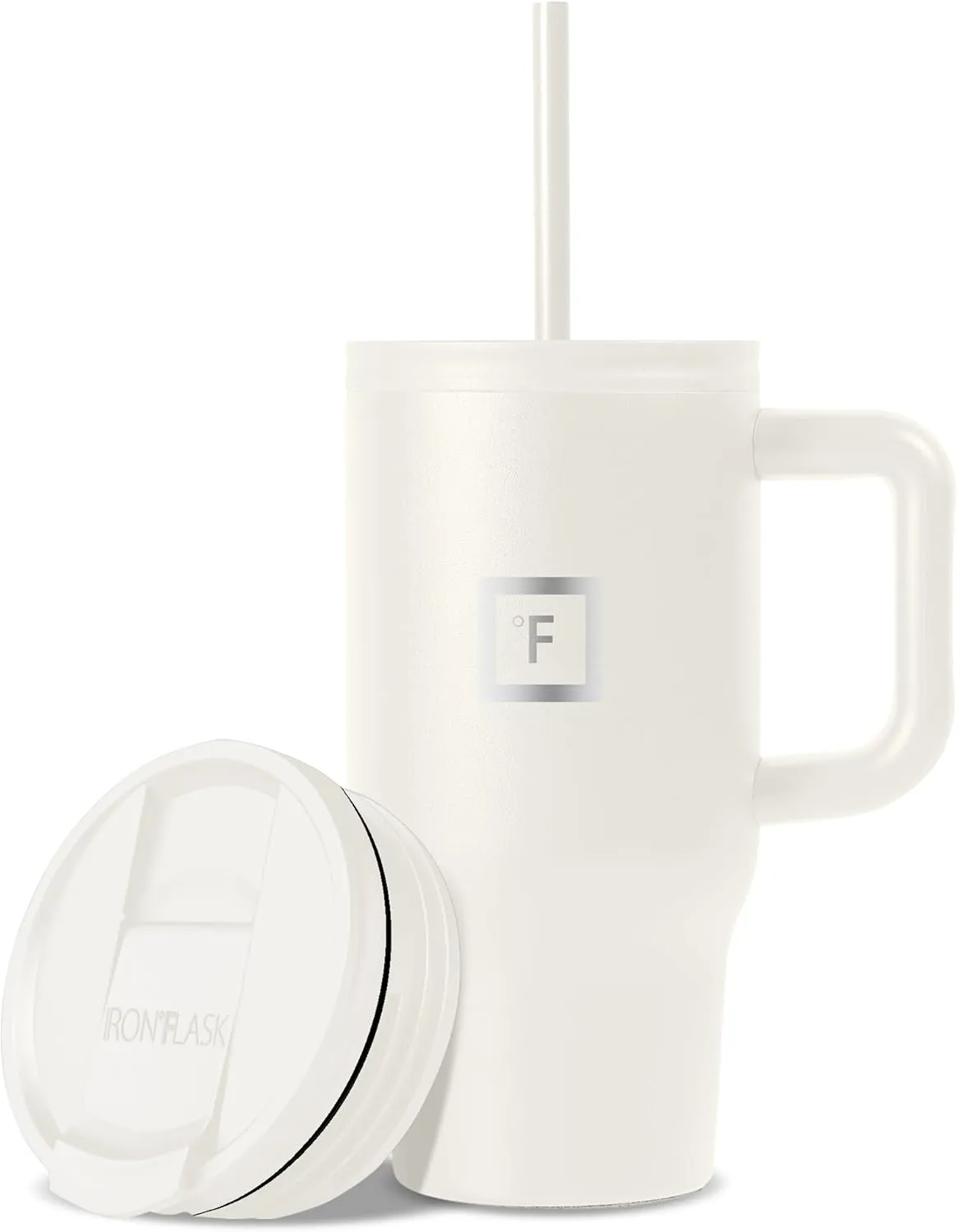IRON FLASK Co-Pilot Insulated Mug w/Straw & Flip Cap Lids - Cup Holder Bottle for Hot, Cold Drink - Leak-Proof- Water, Coffee Portable Travel Tumbler - Cashmere Cream, 16 Oz