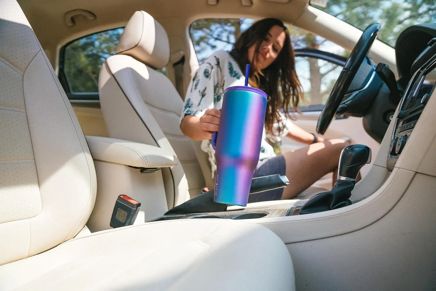 IRON FLASK Co-Pilot Insulated Mug w/Straw & Flip Cap Lids - Cup Holder Bottle for Hot, Cold Drink - Leak-Proof- Water, Coffee Portable Travel Tumbler - Cashmere Cream, 16 Oz