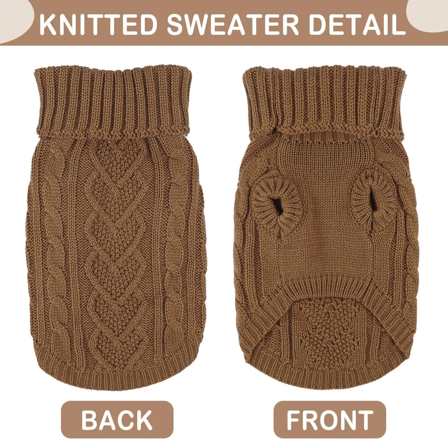 Khaki Dachshund Doggy Sweater - Warm & Soft Knitted Turtleneck Pet Sweater for Small Dogs, Large Size, Thanksgiving Occasion