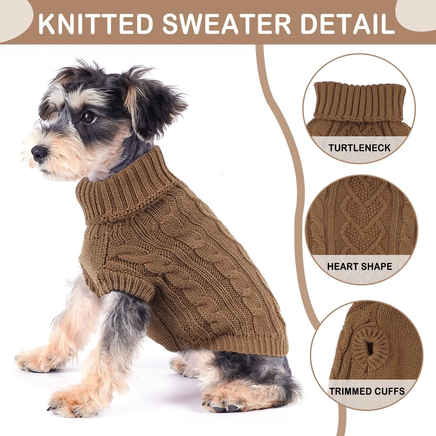 Khaki Dachshund Doggy Sweater - Warm & Soft Knitted Turtleneck Pet Sweater for Small Dogs, Large Size, Thanksgiving Occasion