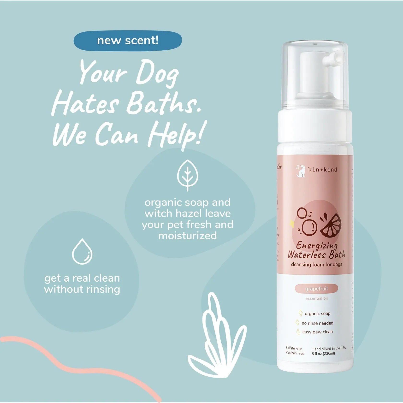 Kin Kind Energizing Natural Waterless Bath Grapefruit Dog 8oz