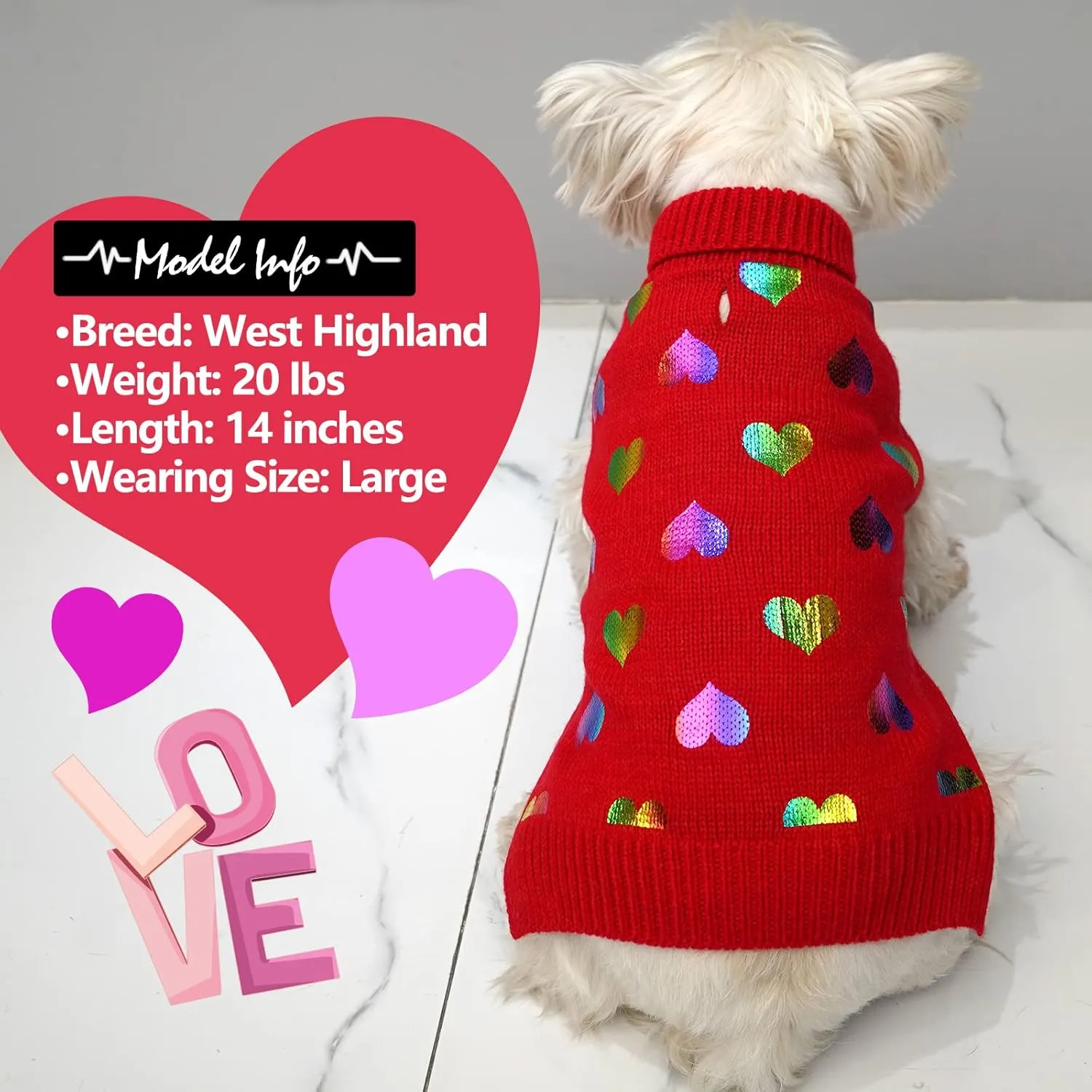 KYEESE Dog Sweaters Colorful Radiant Printing Love Design with Leash Hole Pet Sweater Pet Clothes,M