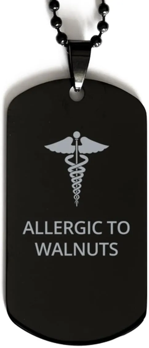 Medical Black Dog Tag, Allergic to Walnuts Awareness, Medical Symbol, SOS Emergency Health Life Alert ID Engraved Stainless Steel Chain Necklace For Men Women Kids