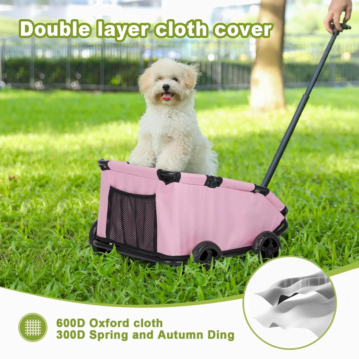 Mini Dog Stroller, Foldable Pet Stroller for Small Dogs & Cats with Safety Rope, Storage Basket & Built-in Cushion - Extendable Handle, Lightweight Carrier for Travel, Walking, Vet Visits (Pink)