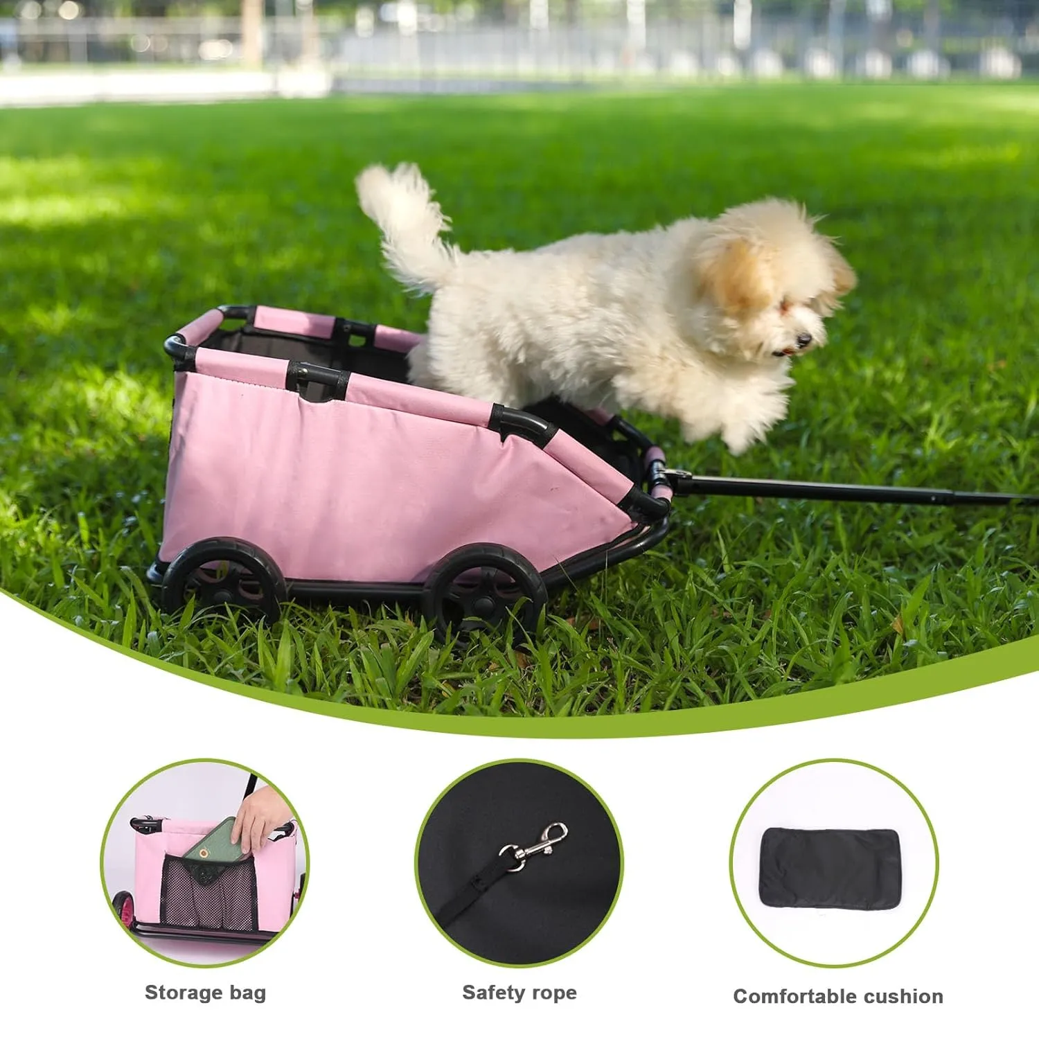 Mini Dog Stroller, Foldable Pet Stroller for Small Dogs & Cats with Safety Rope, Storage Basket & Built-in Cushion - Extendable Handle, Lightweight Carrier for Travel, Walking, Vet Visits (Pink)