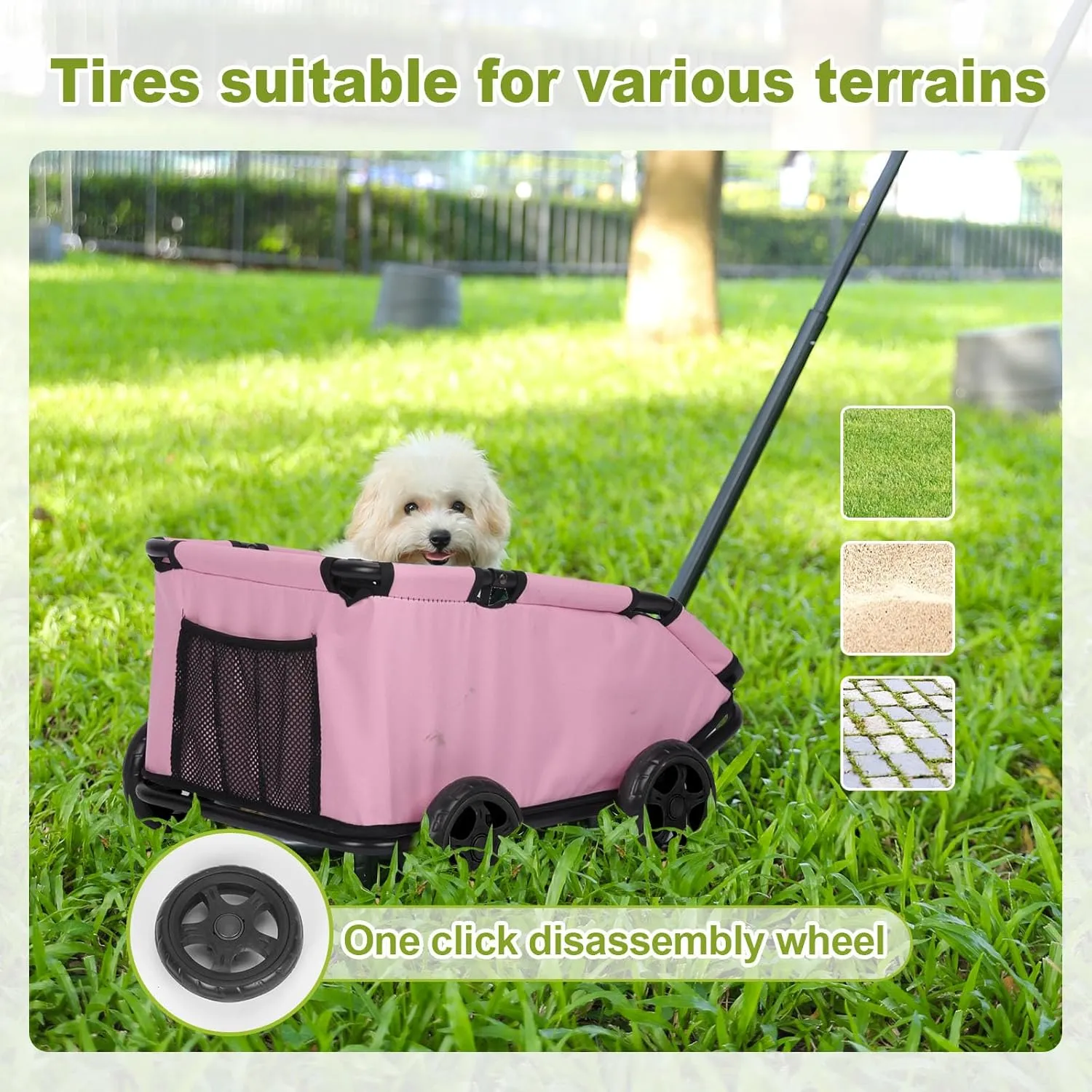 Mini Dog Stroller, Foldable Pet Stroller for Small Dogs & Cats with Safety Rope, Storage Basket & Built-in Cushion - Extendable Handle, Lightweight Carrier for Travel, Walking, Vet Visits (Pink)