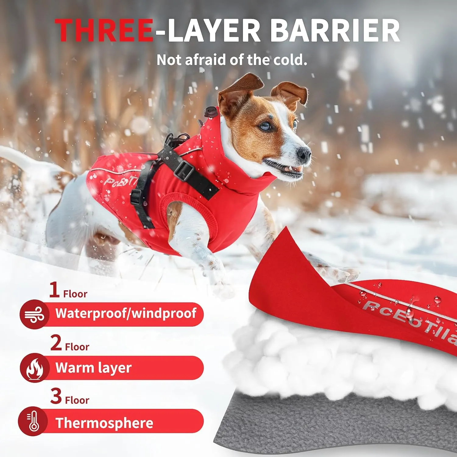 PcEoTllar Coat with Harness - Warm Winter Jacket, Waterproof Windproof Cold Weather Coat for Dogs, Reflective Snow Clothes with Zipper, Thick for Small Medium Large Dogs (Red, L)