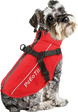 PcEoTllar Coat with Harness - Warm Winter Jacket, Waterproof Windproof Cold Weather Coat for Dogs, Reflective Snow Clothes with Zipper, Thick for Small Medium Large Dogs (Red, L)