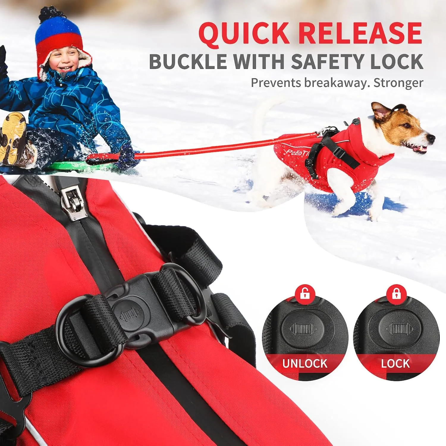 PcEoTllar Coat with Harness - Warm Winter Jacket, Waterproof Windproof Cold Weather Coat for Dogs, Reflective Snow Clothes with Zipper, Thick for Small Medium Large Dogs (Red, L)
