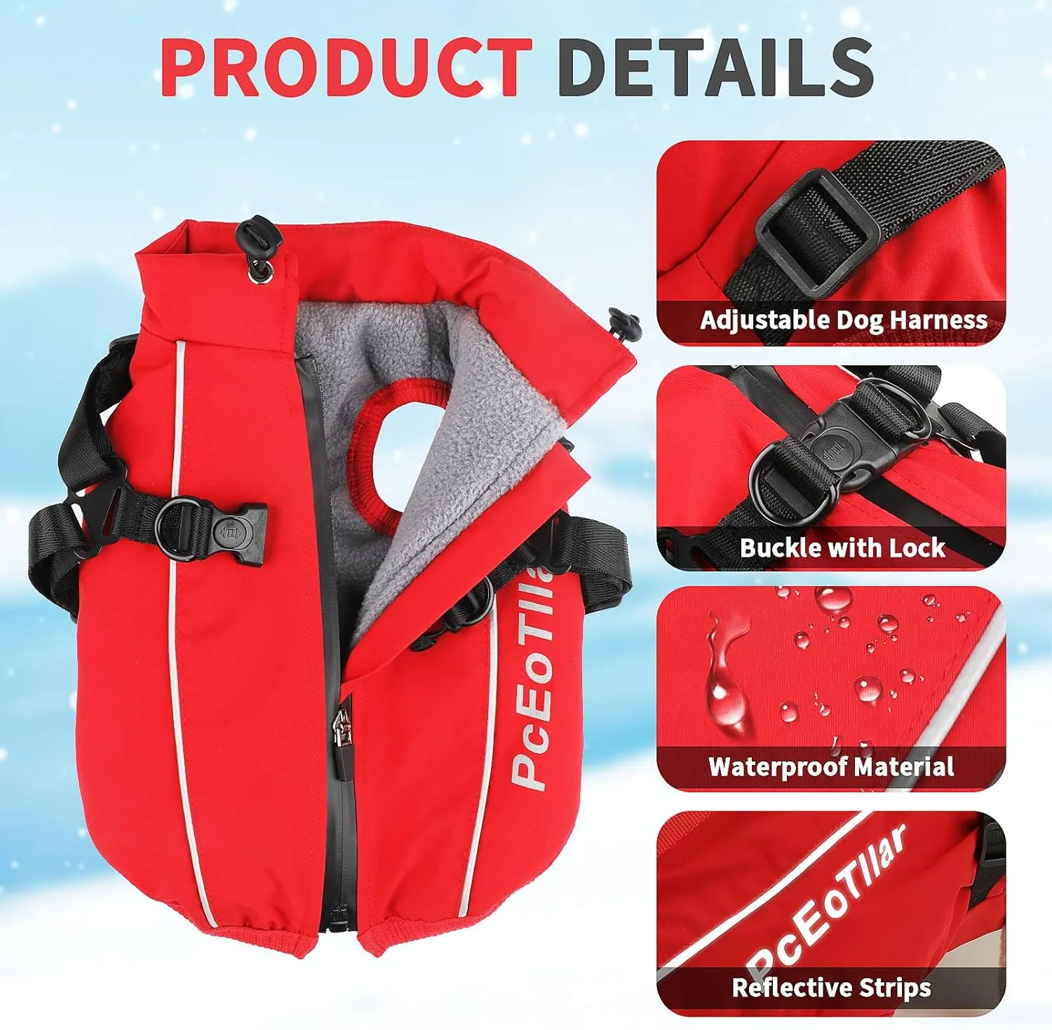 PcEoTllar Coat with Harness - Warm Winter Jacket, Waterproof Windproof Cold Weather Coat for Dogs, Reflective Snow Clothes with Zipper, Thick for Small Medium Large Dogs (Red, L)