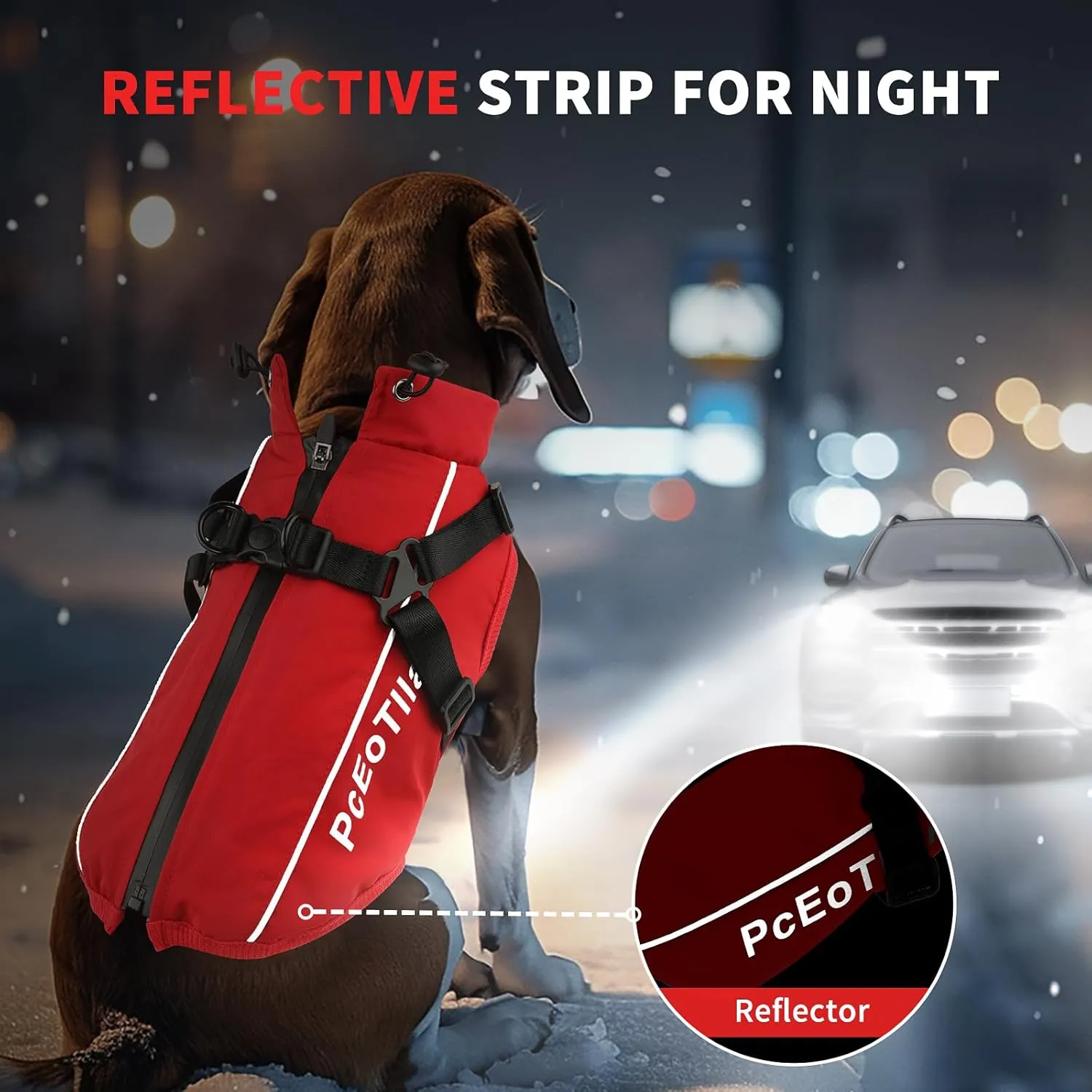 PcEoTllar Coat with Harness - Warm Winter Jacket, Waterproof Windproof Cold Weather Coat for Dogs, Reflective Snow Clothes with Zipper, Thick for Small Medium Large Dogs (Red, L)