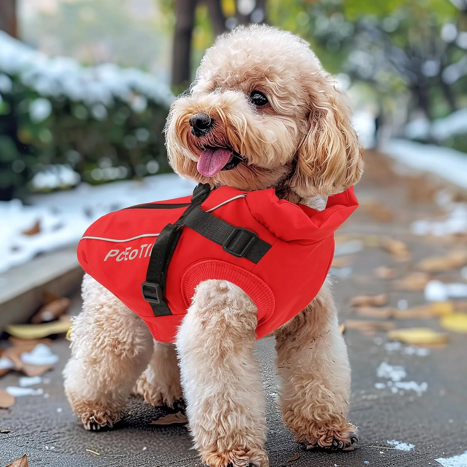 PcEoTllar Coat with Harness - Warm Winter Jacket, Waterproof Windproof Cold Weather Coat for Dogs, Reflective Snow Clothes with Zipper, Thick for Small Medium Large Dogs (Red, L)