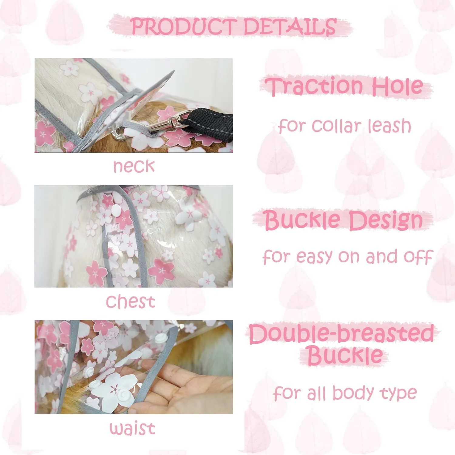 Pet Flower Raincoat,Dog Japanese Style Raincoat Pet Waterproof Jacket Dog Transparent Raincoat with Collar Hole Adjustable Buckle for Small Medium Large Dog(Pink,M)