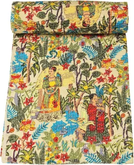 premium Hippie Floral Handblock Handmade Cotton Block Kantha Quilting Vintage Throw Blanket Hippie Queen/King Size Bohemian Bed Decor Quilt Beige California King